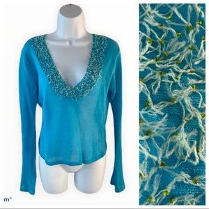 Hand Beaded Sweater Pullover V-Neck Turquoise Vintage Hand Beaded